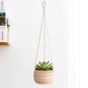 Mkono Ceramic Hanging Planter Macrame Plant Holder 5 Inch Cute Succulent Cactus Pot with Cotton Rope Hanger for Indoor Outdoor Decor, 1 Pack