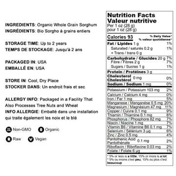 Food to Live Organic Whole Grain Sorghum, 1 Pound — Non-GMO White Groats. Raw Milo Seeds. Vegan, Bulk Broom-corn. Durra is Great for Making Flour and Popped Jowar Dhani