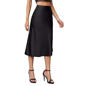 Verdusa Women's Elegant High Waist Satin A Line Flared Midi Skirt Black L