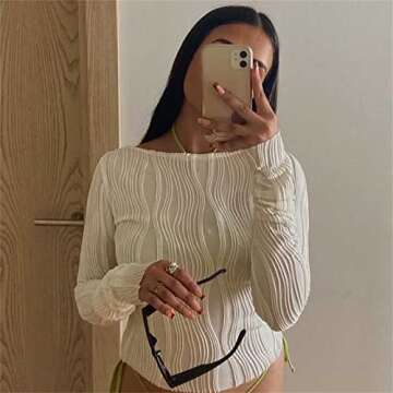 Women Sexy Crop Top Long Sleeve Hollow Out Knitted Top Cutout Slim Shirt Cropped Tees Sweaters Party Streetwear (White-D, M)