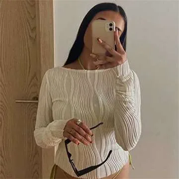 Women Sexy Crop Top Long Sleeve Hollow Out Knitted Top Cutout Slim Shirt Cropped Tees Sweaters Party Streetwear (White-D, M)