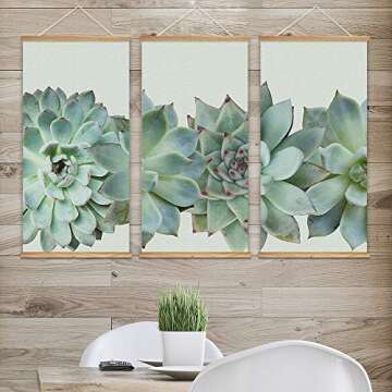 wall26 - 3 Panel Hanging Poster with Wood Frames - Closeup of Succulent Plants - Ready to Hang Decor...