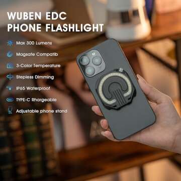 WUBEN E1 Selfie Light, Rechargeable LED Phone Light with Magnetic, Portable Photo Light, 3000-6000K Adjustable Color Temperature Cell Phone Light for Selfie, TikTok, Vlog Video Fill Light (Black)