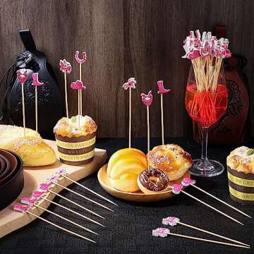 Didaey 100 Pcs Cowboy Cocktail Picks Cowgirl Toothpicks for Appetizers Bamboo Cocktail Skewers Wild West Food Picks Drinks Dessert Sticks Cupcake Toppers for Western Theme Birthday Party(Cowgirl)