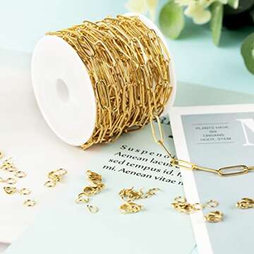 YOUBEIYEE 16.4 Feet Gold Stainless Steel Paperclip Chains for Jewelry Making Necklaces Bracelet Anklet Oval Soldered Link Chain Bulk with Jump Rings Lobster Clasps 14mm×4.5mm