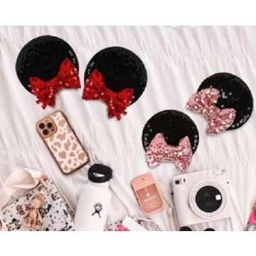 Tobeffect Mouse Ears Hair Bows Clips Glitter Mice Ears Pack Cute Hair Bow Hair Accessories for Women Costume Birthday Party Favor Vacation Halloween Christmas Decoration, 4 Pairs