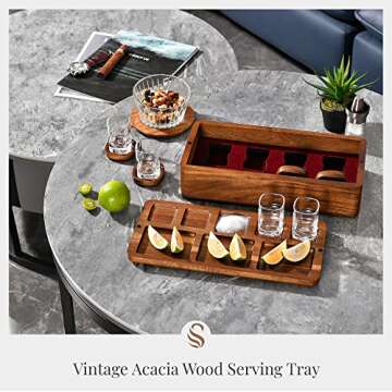 Tequila Shot Glasses with Luxury Acacia Wood Storage Box, Wooden Drink Coasters, and Vintage Serving...