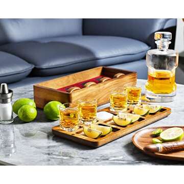Tequila Shot Glasses with Luxury Acacia Wood Storage Box, Wooden Drink Coasters, and Vintage Serving Tray for Salt, Lemon, and Bar Nuts, Decorative Home Gift Bundle for Men, Women