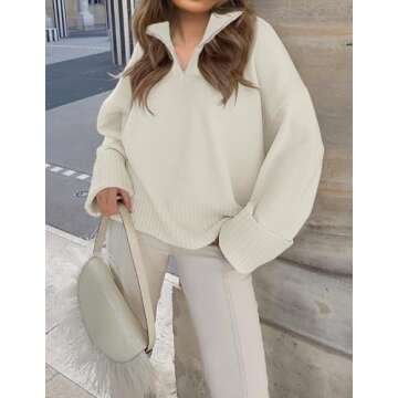 ZESICA Women's Winter Long Sleeve 1/4 Zipper V Neck Loose Fuzzy Knitted Chunky Warm Pullover Sweater Jumper Tops,Apricot,Large