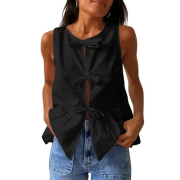Lordree Women Tie Front Tank Top Sleeveless Ruffled Hem Peplum Top Cute Bow Tie Babydoll Vest Top Su...