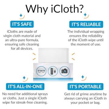 iCloth Screen Cleaning Wipes for easy and fast shine on smartphones, tablets and computers - 120 individually wrapped wipes