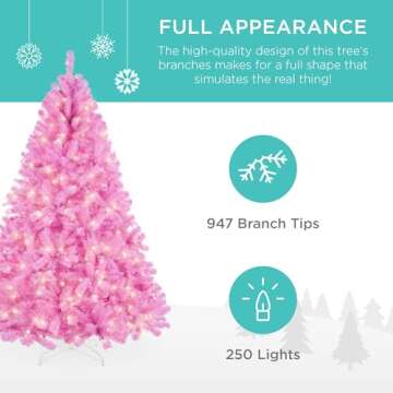 Best Choice Products 6ft Pre-Lit Pink Christmas Tree, Full Artificial Holiday Decoration for Home, Office, Party Decoration w/ 947 Branch Tips, 250 Lights, Metal Hinges, Foldable Base