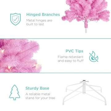 Best Choice Products 6ft Pre-Lit Pink Christmas Tree, Full Artificial Holiday Decoration for Home, Office, Party Decoration w/ 947 Branch Tips, 250 Lights, Metal Hinges, Foldable Base