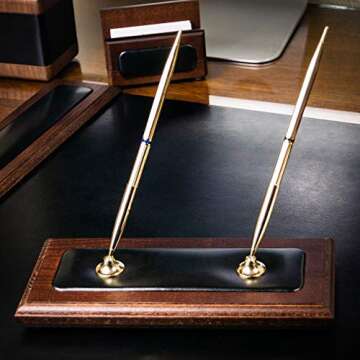 DACASSO Walnut & Leather Double Pen Holder - Luxury Pen Stand With Rolling Ball Pens - Elegant Pen O...