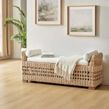 HULALA HOME Rattan Storage Bench, Upholstered End of Bed Ottoman Bench with Upholstered Arm & Solid Wood Legs, Linen Bench with Storage for Foot Rest in Bedroom, Living Room, Entryway, Natural