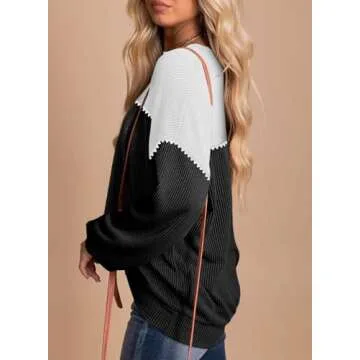 Dokotoo Womens Pullover Shirts Ladies Crewneck Long Sleeve Colorblock Tunics Blouses Autumn Casual Loose Jumper Tops Fall Fashion Knitted Tops Cruise Outfits for Women 2025 Black white Medium
