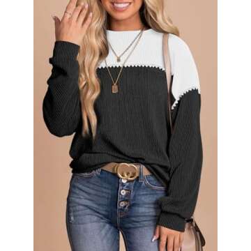 Dokotoo Womens Pullover Shirts Ladies Crewneck Long Sleeve Colorblock Tunics Blouses Autumn Casual Loose Jumper Tops Fall Fashion Knitted Tops Cruise Outfits for Women 2025 Black white Medium