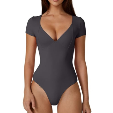 QINSEN Sexy Bodysuit for Women Sweetheart Neckline High Cut Thong Tops Short Sleeve Shirt Dark Grey ...