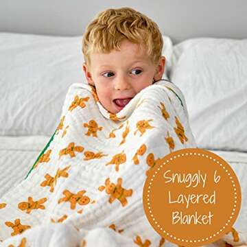 LollyBanks Muslin Baby Blanket, 100% Cotton Soft and Breathable Newborn Muslin Quilt, 47 x 47 Inches Toddler Blanket for Boys and Girls, 6 Layers Lightweight Newborn Blanket (Gingerbread Man Print)
