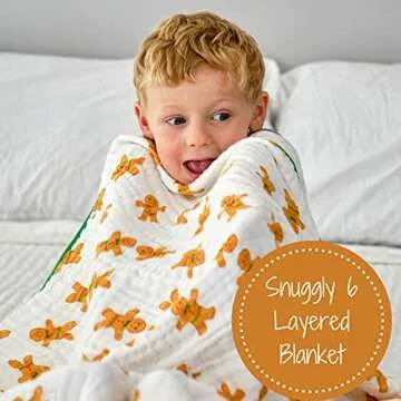 LollyBanks Muslin Baby Blanket, 100% Cotton Soft and Breathable Newborn Muslin Quilt, 47 x 47 Inches Toddler Blanket for Boys and Girls, 6 Layers Lightweight Newborn Blanket (Gingerbread Man Print)
