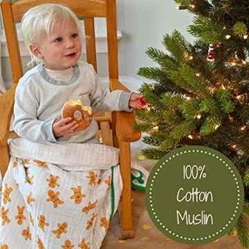 LollyBanks Muslin Baby Blanket, 100% Cotton Soft and Breathable Newborn Muslin Quilt, 47 x 47 Inches Toddler Blanket for Boys and Girls, 6 Layers Lightweight Newborn Blanket (Gingerbread Man Print)