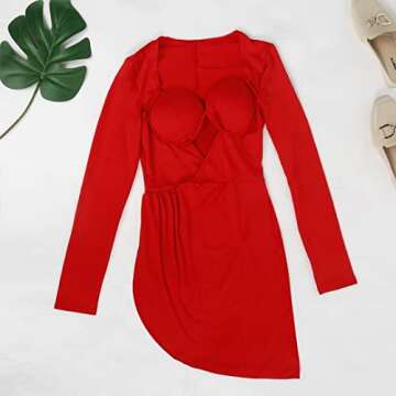 ENOPINK Women's Long Sleeve Sexy Dress Night Party Club High Slit Ruched Mini Bodycon Dresses Elegant Wedding Guest Red L