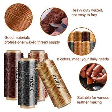 FEPITO 21pcs Leather Waxed Thread 8 Color 264 Yards 150D Leather Sewing Waxed Thread Cord with Leather Craft Hand Tools Kit for DIY Sewing Craft