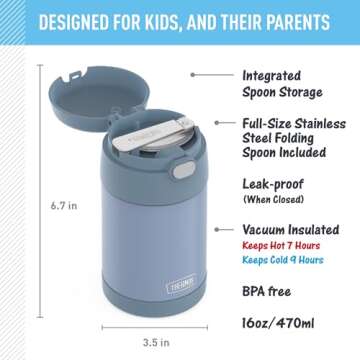 THERMOS FUNTAINER Insulated Food Jar, 16 Ounce, Kid Friendly Thermos Food Jar with Foldable Spoon, Denim Blue