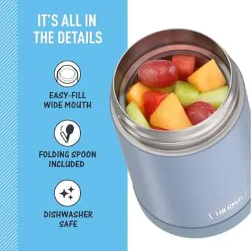 THERMOS FUNTAINER Insulated Food Jar, 16 Ounce, Kid Friendly Thermos Food Jar with Foldable Spoon, Denim Blue