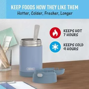 THERMOS FUNTAINER Insulated Food Jar, 16 Ounce, Kid Friendly Thermos Food Jar with Foldable Spoon, Denim Blue
