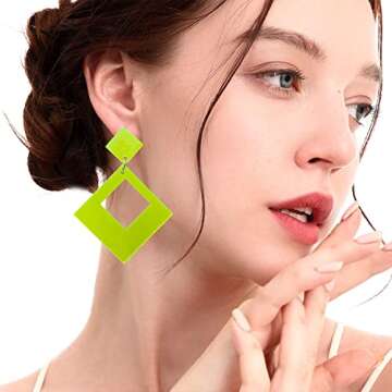 TIANHONGYAN Lightweight Unique 80s Retro Acrylic Dangle Earrings Geometric square Neon Drop Dangle E...