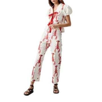 SOOKABEILA Women Y2k 2 Piece Tie Front Pajamas Set Puff Short Sleeve Lobster Print Lace Up Tops with...