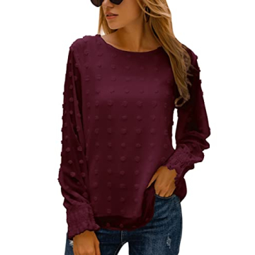 Blooming Jelly Womens Chiffon Blouses Elegant Lantern Long Sleeve Round Neck Top Pom Pom Shirt (Smal...