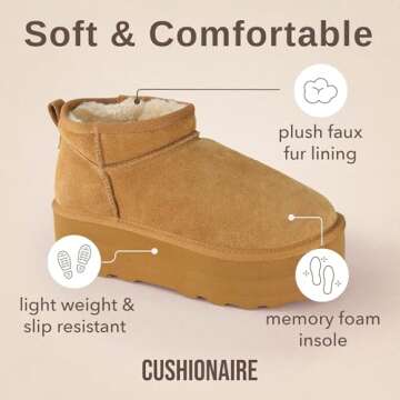 CUSHIONAIRE Hippy Women’s Platform Ankle Boots – Genuine Suede, Faux Fur Lining, Cozy Winter Slip-On Design Mini boots, CHESTNUT 10W