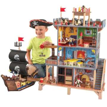 KidKraft Pirate's Cove Wooden Ship Play Set with Lights and Sounds, Pirates and 17-Piece Accessories, Gift for Ages 3+