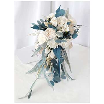 MOJUN Wedding Bouquets for Bride, Dusty Bule Water Drop Waterfall Artificial Flowers Bouquet Cascading Bridal Bouquet for Wedding Ceremony Anniversary Bridal Shower Party Rustic Vintage Wedding A