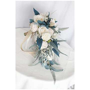MOJUN Wedding Bouquets for Bride, Dusty Bule Water Drop Waterfall Artificial Flowers Bouquet Cascading Bridal Bouquet for Wedding Ceremony Anniversary Bridal Shower Party Rustic Vintage Wedding A