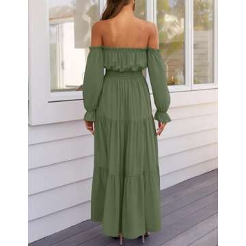 ZESICA Women's 2024 Boho Sexy Off Shoulder Long Sleeve Smocked High Waist Side Split Flowy A Line Tiered Long Maxi Dress,Olive,Large