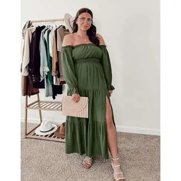 ZESICA Women's 2024 Boho Sexy Off Shoulder Long Sleeve Smocked High Waist Side Split Flowy A Line Tiered Long Maxi Dress,Olive,Large