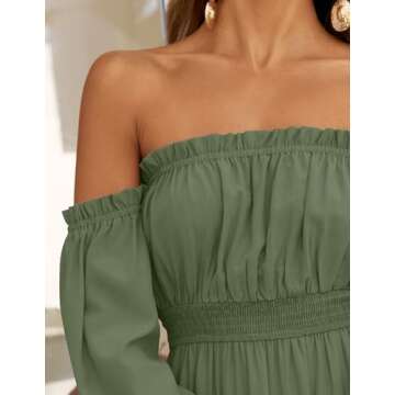 ZESICA Women's 2024 Boho Sexy Off Shoulder Long Sleeve Smocked High Waist Side Split Flowy A Line Tiered Long Maxi Dress,Olive,Large