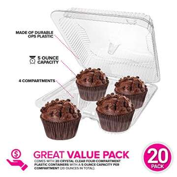Stock Your Home 4-Compartment Plastic Cupcake Containers Disposable (20 Count) Clear Container with Connected Dome Lid, BPA Free, For Jumbo or Large Sized Cupcakes