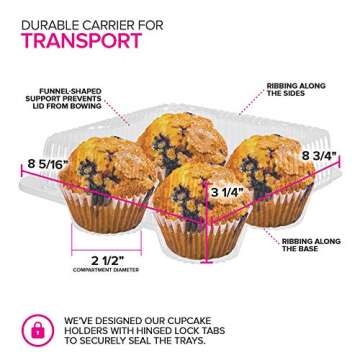 Stock Your Home 4-Compartment Plastic Cupcake Containers Disposable (20 Count) Clear Container with Connected Dome Lid, BPA Free, For Jumbo or Large Sized Cupcakes