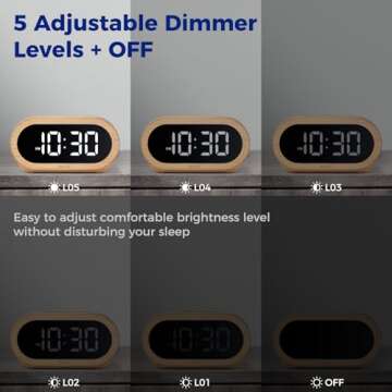 uscce Small Digital Clock for Bedroom: 6 Dimmable Brightness 4 Alarm Volume - Plug in Clock with Easy Operation for Bedside Desk Wood Grain