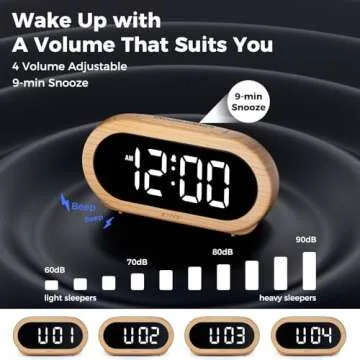 uscce Small Digital Clock for Bedroom: 6 Dimmable Brightness 4 Alarm Volume - Plug in Clock with Easy Operation for Bedside Desk Wood Grain