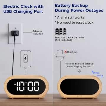 uscce Small Digital Clock for Bedroom: 6 Dimmable Brightness 4 Alarm Volume - Plug in Clock with Easy Operation for Bedside Desk Wood Grain