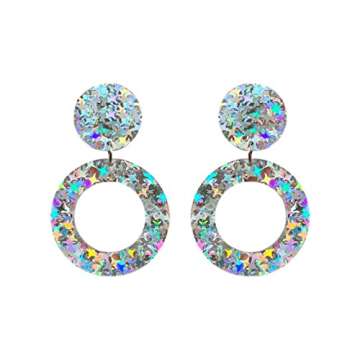 Exaggerated Acrylic Round Rectangle Heart Glitter Dangle Earrings - Boho Lightweight Jewelry for Wom...