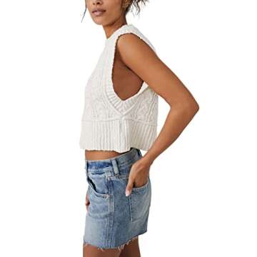 Free People Rowan Sweater Vest – Textured Knit – Relaxed Fit – Ribbed Trim – Cropped Hemline...