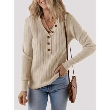MEROKEETY Women's 2024 Long Sleeve V Neck Ribbed Button Knit Sweater Solid Color Tops