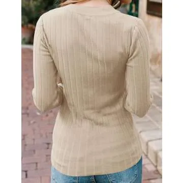 MEROKEETY Women's 2024 Long Sleeve V Neck Ribbed Button Knit Sweater Solid Color Tops