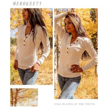 MEROKEETY Women's 2024 Long Sleeve V Neck Ribbed Button Knit Sweater Solid Color Tops